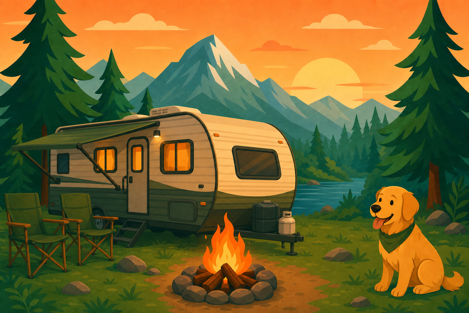 Camper trailer at a lakeside campsite with a golden retriever